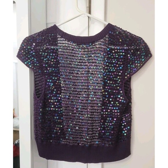 BCBGMAXAZRIA Women's 100% Silk Purple Knit Shrug With Blue Sequins Size M - Picture 4 of 7